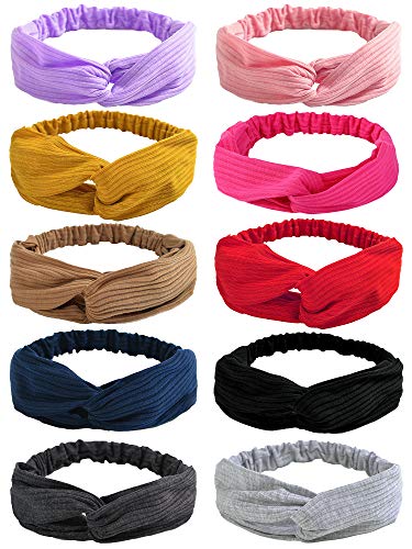 Aneco 10 Pieces Boho Headbands Knitted Cotton Headbands Girl Vintage Turban Boho Twisted Head Women Wrap Hair Band (Color D)