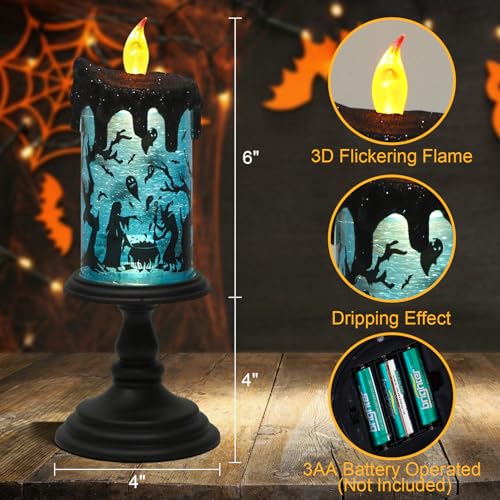 Image of Halloween Flameless Candle Battery Operated with 6 Hour Timer, Blue Lights Witch Decals Tornado Lamp LED Candle Halloween Indoor Decor 4 x 10 Inches