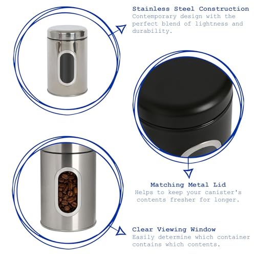 Harbour Housewares Tea Coffee and Sugar Canisters Set - Black - 3pc Transparent Window Airtight Food Storage Containers Kitchen Caddy Stainless Steel Storage Jars - Image 3