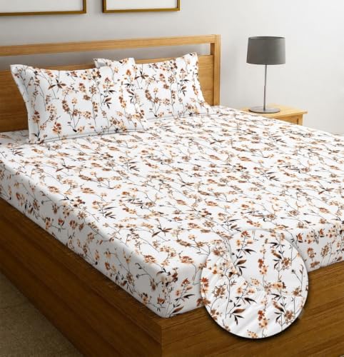 Image of IVAZA Ezyption Cotton Super Soft 240 TC Elastic Fitted All Around Elastic Printed King Size Double Bed Bedsheet with 2 Pillow Cover 72 inch X 78 inch3 Rust Orange