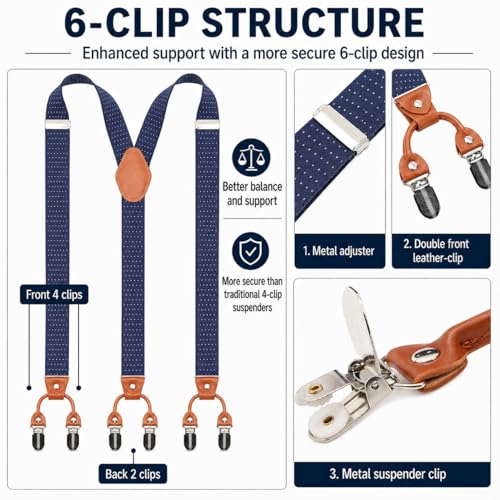 Image of Men's Heavy Duty Y-Back Suspenders, 6 Strong Metal Clips Adjustable Elastic Straps for Work, Tuxedos, and Daily Wear