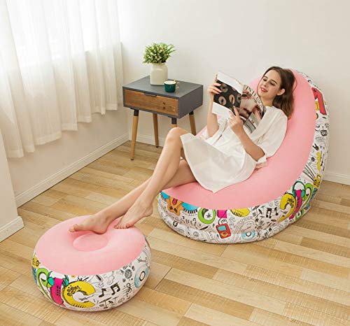 Image of Primechoice Inflatable Lounge Chair with Footrest 2-in-1 Air Sofa for Adults, Folding Portable Lazy Recliner with Pump for Indoor Living Room, Bedroom, Office, Outdoor Camping (Graffiti Pink)