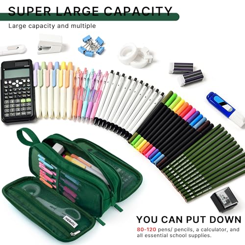 Image of TOPBIDAI Large Pencil Case Pouch for Girls Boy Women Men Adults | Big Capacity Canvas Pencil Bag, Office School Supplies, Multi Compartment Zipper Stationery Pen Box(Dark Green)