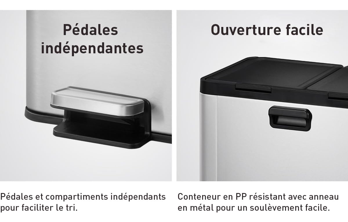 EKO Poubelle Cuisine Double Tri 2 Compartiments 20L + 20L | Acier Inoxydable Anti-Traces avec Pédale | Fermeture Silencieuse | sous Évier Compact Double