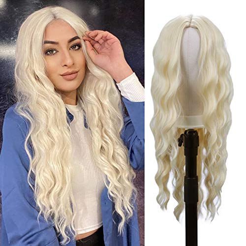 M-BOX Long Curly Wavy Wigs 30 Inch 613 Honey Blonde Synthetic Wigs For Women Body Wave Wig Middle Part Natural Looking Heat Resistant Full Wig for Cosplay Party Daily Use (#613)