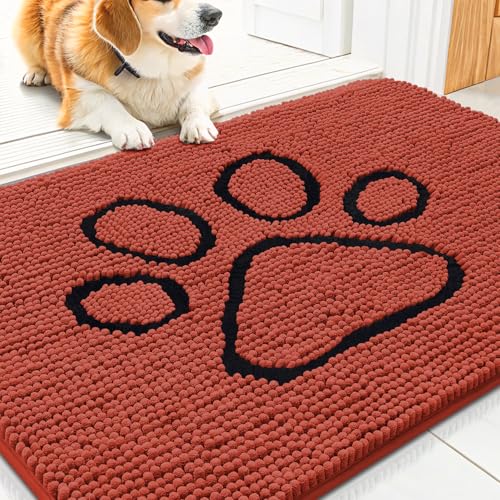Image of Smiry Dog Door Mat for Muddy Paws, Absorbent Dirt Trapper Non Slip Quick Dry Washable Chenille Mat for Mud Dogs, Entry Rug for Indoor and Outdoor (30x20 Inches, Maple Red and Black)