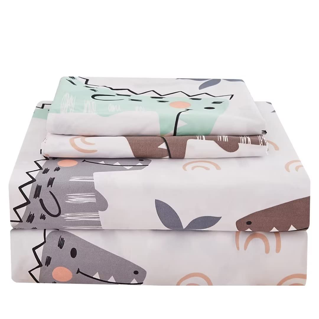 JSD Dinosaur Kids Sheet Set Full Size, 4 Piece Palm Tree Printed Microfiber Bed Sheets Deep Pocket