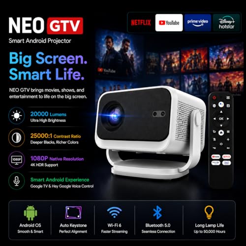 Image of [Google TV Official] BeamX Neo GTV Smart Android Google TV FHD 4k Support with 1080P Native, 20000 Lumens, Auto Focus, Auto Keystone, WiFi 6 Bluetooth 5.4, 270 Degree Rotatable Home Projector