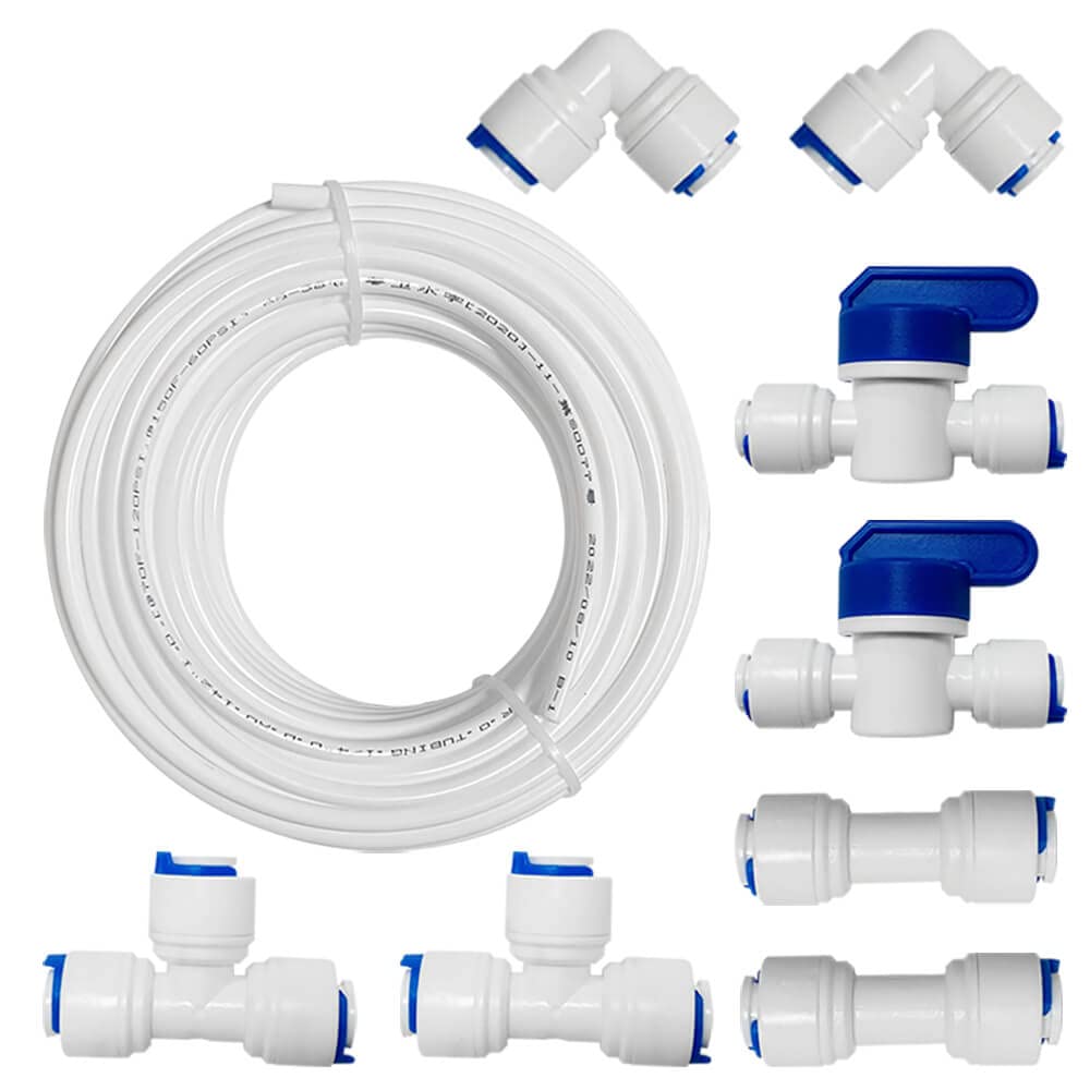 10 Meter Universal Anschluss-Set,Umkehrosmose (RO) -Filtersystem passend zu,für 1/4 Zoll Schlauch, Kühlschrankschlauch,Wasserschlauch (T + I + L Form Schnellsteckverbinder, + Absperrventil)