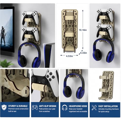 Image of Wood Wall Mount Controller Stand with Headphone Holder, Gaming Desk Organiser, Gift for Gamers, Compatible with PlayStation and Xbox Controllers