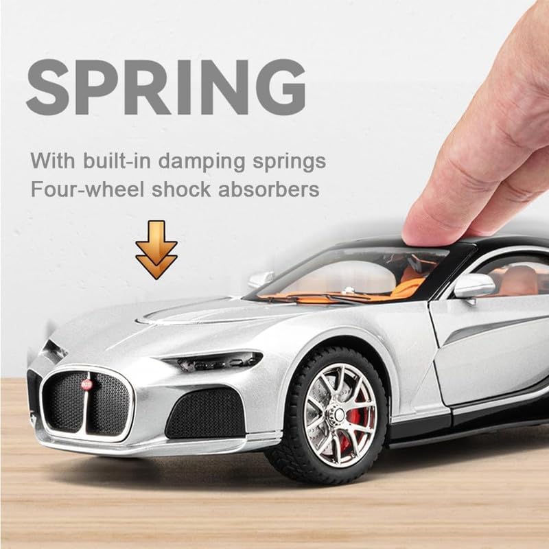 Image of Kids Model 1:24 Bugatti Atlantic Die Cast Metal Car Pull Back Action Opening Doors with Realistic Engine Sound Lights Toy Car Gift for Boys - Silver Black