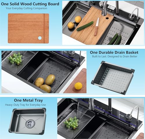 Image of Fossa Smart Piano Waterfall Kitchen Sink 30 inchx18 inchx09 inch 7-Year Warranty 3.5 mm Collar Thick 304 Stainless Steel with Pull-down Faucets with LED Panel and Digital Display - Black Matte Finish (5 Button)