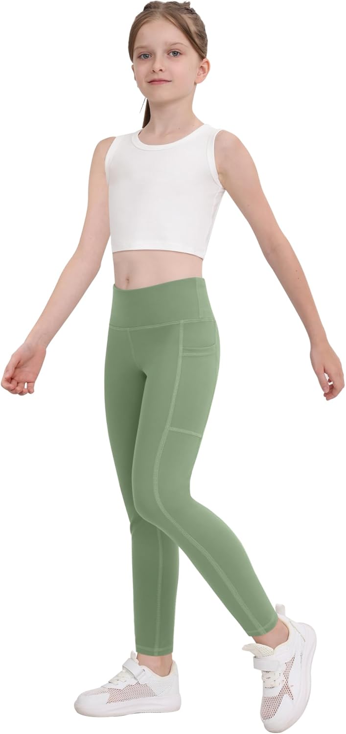 CHRLEISURE Girls' Athletic Leggings with Pockets, 5 Packs Kids Teen Dance Yoga Workout Running Pants for 5-15 Years