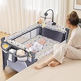 INFANS Pack and Play, 5 in 1 Baby Bedside Sleeper with Bassinet, Diaper Changer, Mattress, Carry Bag, Music Box Hanging Toys, Foldable Bedside Crib, Portable Playard for Newborn Toddlers (Bear)