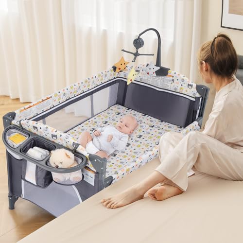 Image of INFANS Pack and Play, 5 in 1 Baby Bedside Sleeper with Bassinet, Diaper Changer, Mattress, Carry Bag, Music Box Hanging Toys, Foldable Bedside Crib, Portable Playard for Newborn Toddlers (Bear)