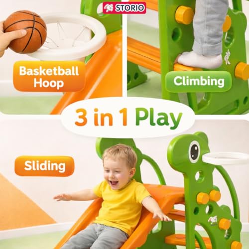 Image of Storio Giraffe Slide for Kids with Basketball Hoop | Indoor Outdoor Toddler Climber Playset for 2+ Years | Safe & Sturdy Plastic Garden Slide Toy for Boys & Girls - Green Orange
