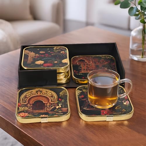 Image of Rousrie Stylist Modern Wooden Coasters with Golden Border | Set of 6 | Stand Included Premium Handmade Coaster for Tea Cups, Coffee Mugs, Beer Mugs, 10 by 10 cm (Rajasthani Pattern)