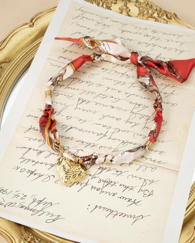 Scarf Necklace with Charm, Red/Orange/White/Pink/Blue Scarf Necklaces for Women, Silk Necklace with Gold Stainless Steel Charms, No Fading, Coming with Gift Box4