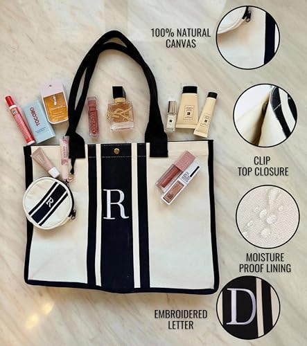 Initial Canvas Tote Bag - Embroidered Letter Beach Bag, Monogrammed Personalized Gift Bag For Women, Make Up Purse4