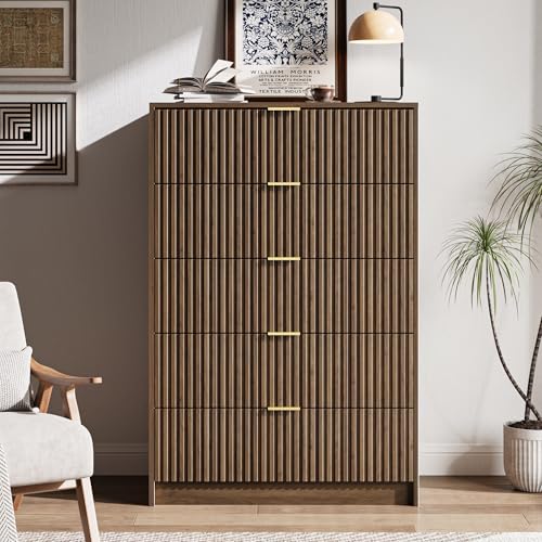 Image of MAISONARIA 5 Drawer Dresser for Bedroom, Tall Dresser Chest of Drawers with Gold Handles, 32 Inch Wide Nightstand with for Bedroom, Living Rooms, Offices, and Entryways, Walnut