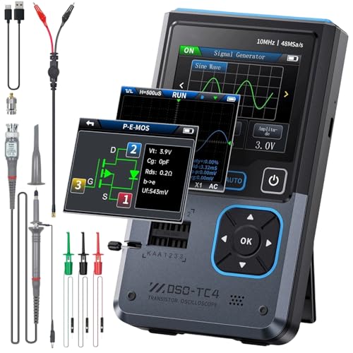DSO-TC4 Oszilloskop, 3 in 1 Oscilloscope Handoszilloskop Transistortester Signalgenerator 10 MHz Bandbreite 48 MSa/s Abtastrate Multimeter Oszilloskope mit 2.8’’ Tft Display, Transistor Tester