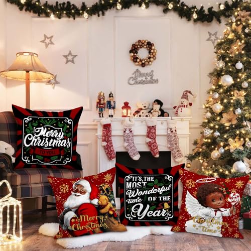 Lanpn 01-18X18 Black Santa 18X18 Christmas Pillow Covers Set Of 4, Black African American Claus Girl Decorative Holiday Throw Pillow Case Cushion Cover 18 X 18 thumb #4