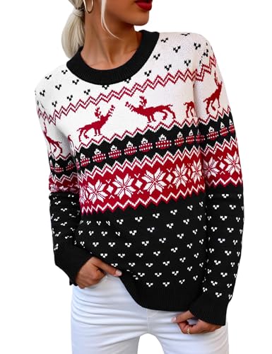 Crewhpo Jersey Navideño para Mujer Cuello Redondo Suéter Navidad de Manga Larga Jerséis Ropa de Punto Sweater para Otoño Invierno