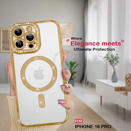 Image of AESTMO Back Cover for iPhone 16 Pro Compatible with MagSafe | Diamond Glitter Case | Luxury Bling Rhinestone Soft Clear TPU Bumper | Camera Lens Protection Cover for iPhone 16 Pro (Gold)