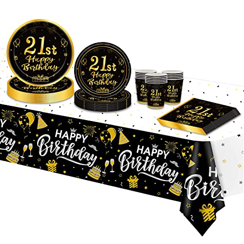 Topways Black Gold 21st Birthday Decorations Party Tableware Set, Disposable Paper Party Plates Cups Napkins Tablecloth for Girls Boys 21 Birthday Party Decorations Table Supplies (16 Guests)