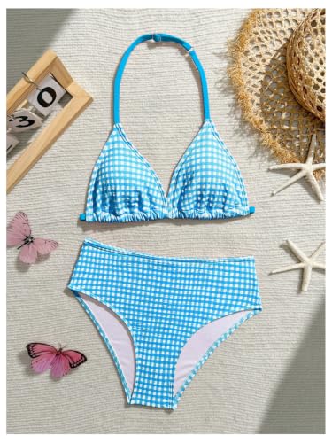 Image of RoseSeek Girl's Tie Dye Smocked 2 Piece Swimwear Sets Backless Halter Bikini Cute Brief Bathing Suit