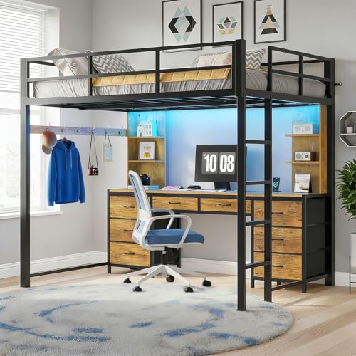 Catálogo de Coppel Muebles Literas los más solicitados. 49 MYXSRI Litera Matrimonial con Escritorio y Estación de Carga,Cama Alta de Metal con Luces LED, Estructura de Cama con 8 Cajones y 6 Estantes,Barandilla de Seguridad (Negro,...