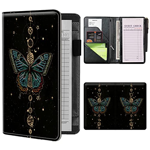 Server Books for Waitress Waiter with Zipper Pocket, Butterfly Moon Space Leather Server Pads Waitstaff Organizer Guest Check Presenters Server Wallet Money Holder Pouch Fit Apron