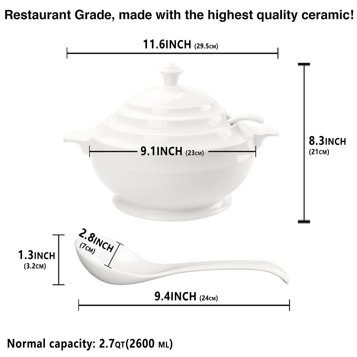 jinsongdafa Casserole Dish with Serving Handle, 2.7-quart White French Soup pot, Ceramic Tureen with Lid and Ladle, for Dinner and Party, Microwave, Dishwasher, Oven Safe 11.6 Inch