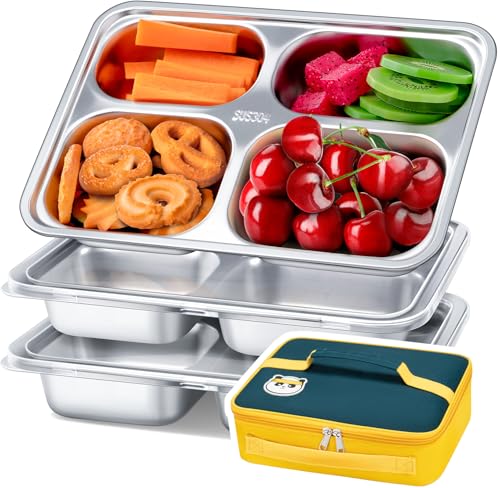 KTKUDY 3 Pack Stainless Steel Snack & Lunch Containers for Kids & Adults - with Plastic Lids & Lunch Bag - 4 Compartments Metal Bento Lunch Box - Meal...