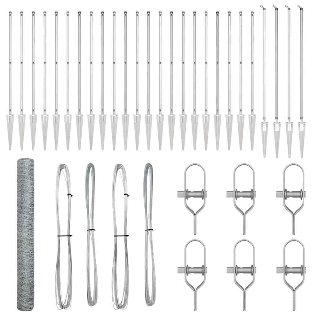 Fence Post Silver 50 x 1.2 m 50 mm Mesh Steel Garden Boundary Kit Weather Resistant Easy Assembly Secure Yard Enclosure with 52 Spike Posts