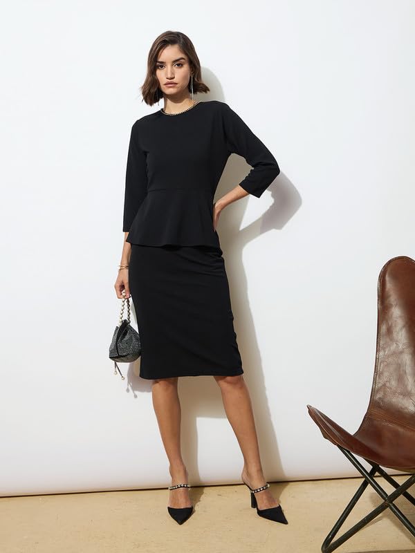 Image of barcino Black Peplum Diamante Neck Bodycon Dress