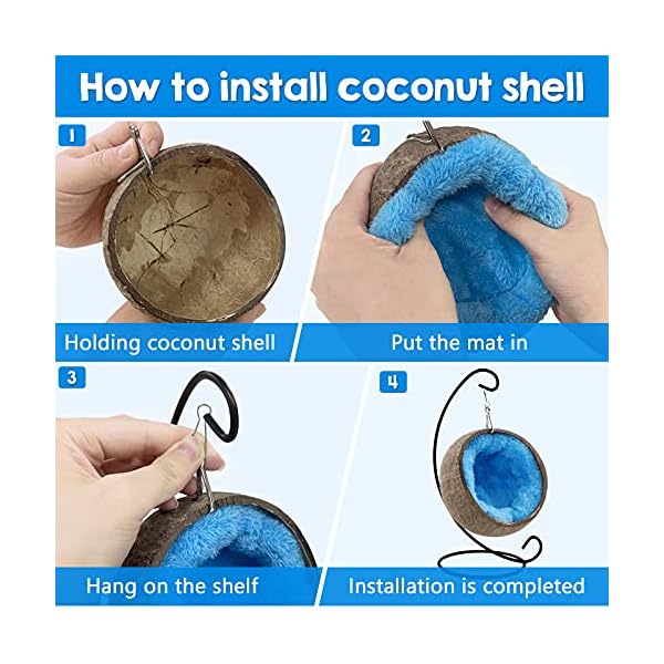 Ranslen natural coconut hamster hideout hammock with molar toy suspension coconut husk hamster bed house with warm pad small animal guinea pigs habitat decor accessories hanging loop (brown) - image 8