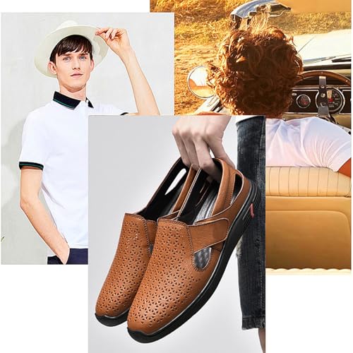 Men's Genuine Leather Hollow Flat Loafers Closed Round Toe Slip On Casual Sandals Summer Outdoor Breathable Anti-Slip Walking Shoes4