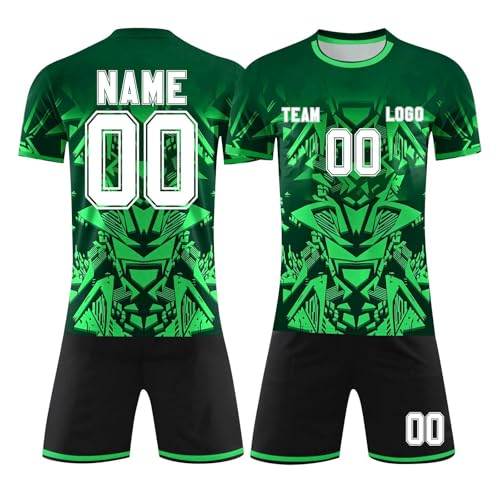 Camisetas Futbol Niños y Equipaciones de Futbol Niño Kit de 2 Piezas de Secado Rápido para Partidos y Entrenamiento Personalizado con Nombre, Número y Logo para Adulto Verde