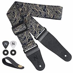 Nefelibata Guitar Strap Japan Printed Cotton Original Design Adjustable Guitar Strap with Long Leather Ends,Include Strap Button,Guitar Picks and Strap Locks(Auspicious Cloud) - Les Beatles, Paul McCartney, John Lennon, RIngo Starr, George Harrison