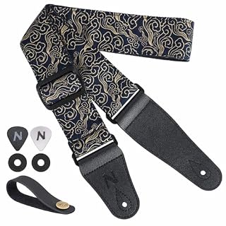 Nefelibata Guitar Strap Japan Printed Cotton Original Design Adjustable Guitar Strap with Long Leather Ends,Include Strap Button,Guitar Picks and Strap Locks(Auspicious Cloud) - Les Beatles, Paul McCartney, John Lennon, RIngo Starr, George Harrison