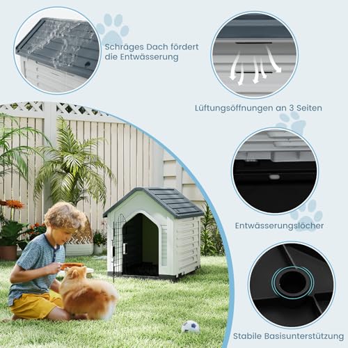 COSTWAY Hundehütte Outdoor, wetterfestes Hundehaus mit abschließbarer Metalltür, Belüftungsschlitzen, geneigtem Dach, Haustierhaus für kleine Hunde & Katzen, Hundekäfig für Indoor (Grau)