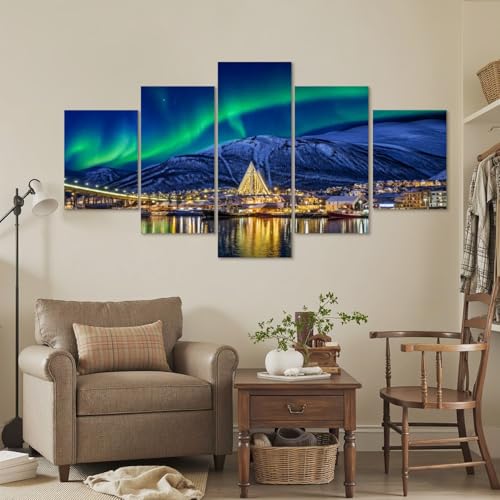 5 Pcs Canvas Wall Art View Night Majestic Aurora Borealis Photo Prints Realism Stretched and Framed Artworks Modern Wall Decor for Living Room Bedroom Office