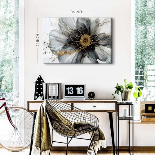 Image of Black and White Flowers Abstract Wall Art Black and Gold Wall Decor Nordic Marble Texture Pictures for Living Room Modern Watercolor Minimalist Paintings Posters Artwork Bedroom Home Decoration 24x36 inch