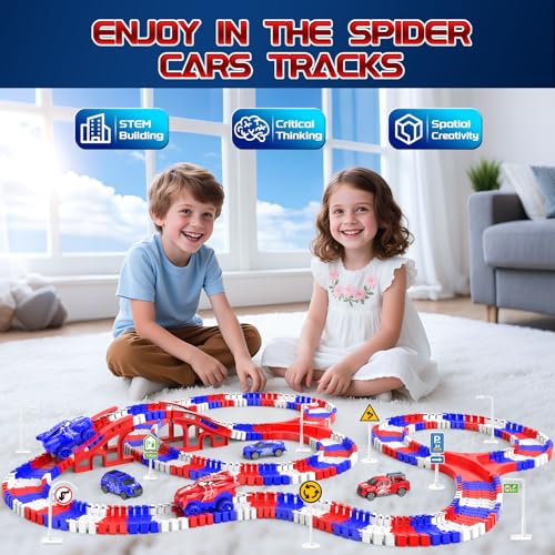 Image of Spider Toys for Boys 4-6, Spider Race Track with 5 Cool Spider Cars Toys for Kids Boys Toddler, Flexible Car Tracks for Age 3 4 5 6 7 8 Year & Up Old Boy Girls Birthday Gifts