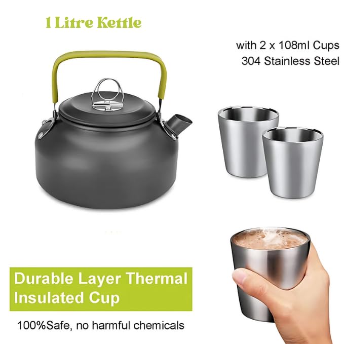 Image of 12-Piece Camping Cookware Mess Kit with Tea Pot, Lightweight Nonstick Pot & Pan Set with Spork, Bowls, Knife & Travel Bag - Compact Outdoor Cooking Gear for Backpacking, Hiking, Scouts