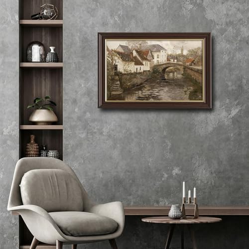 Image of Vintage Framed Canal Town Landscape Canvas Wall Art, Antique European Village Bridge Painting, Rustic Neutral Tone Wall Decor for Living Room Bedroom Home Aesthetic