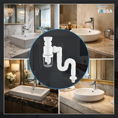 Image of Fossa Flexible Sink Pipe with Cup Trap | Anti-Clog & Anti-Odour Drain Pipe for Kitchen & Bathroom | Wash Basin Pipe with Filter | Durable Flexible Drain Hose Pipe (White)