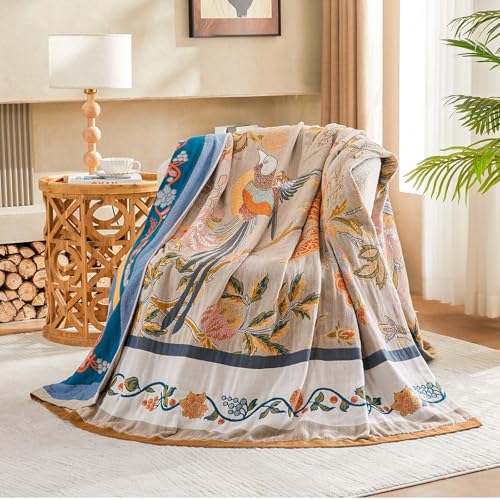 Image of XIBLC Boho Blanket, 100% Cotton Farmhouse Decorative Throw Blanket, 80 inchx90 inch Reversible Bohemian Throw Blanket, Brown All Season Muslin Breathable Woven Blankets Quilt