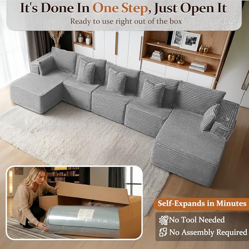 Image of 168 inch Oversized Cloud Boneless Couch, Comfort U Shaped Sofa for Living Room, Extra Deep Seats No Assembly, Minimalist Modular Couch, Corduroy (Light Grey, 7 Seats,U-Shape C)